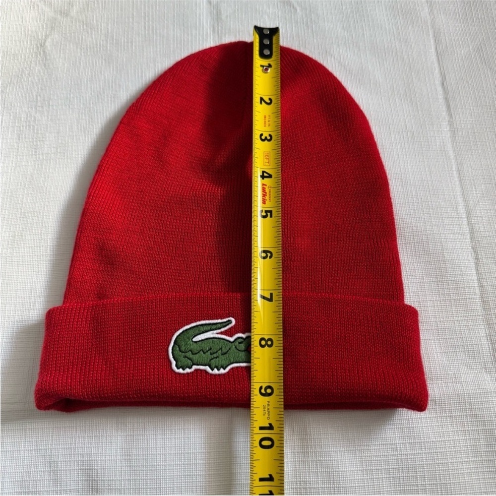 Lacoste Red Knit Hat with Iconic Crocodile Logo - Picture 3 of 5